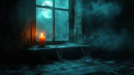 A dimly lit haunted house interior features glowing candle beside window, casting eerie shadows. atmosphere is filled with mystery and sense of supernatural