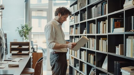 Man Reading a Book in Library