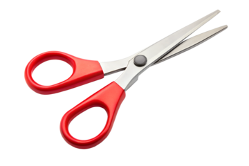 Red scissors with metal blades isolated on transparent background