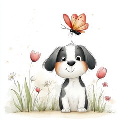 Naklejka premium A cartoon puppy with floppy ears and a wagging tail in a tulip-filled field, chasing a colorful butterfly on a white background. A whimsical sketch ideal for kids' books and greeting cards.