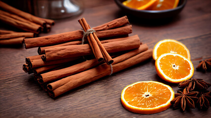 An Aromatic Autumn Culinary Close-up: Juicy Orange Slices with Star Anise, Cinnamon Sticks, and Cloves on a Rustic Wooden Surface, Embracing Warm Brown Tones and Vibrant Citrus Hues