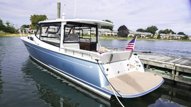 NORWALK, CT, USA- SEPTEMBER 19, 2024: MJM 42 yacht shown in Norwalk Boat Show 2024
