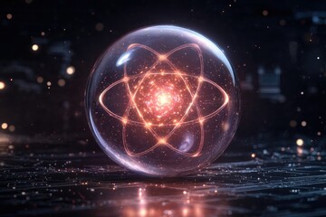 Glowing atom symbol within a transparent sphere against night sky reflecting in water