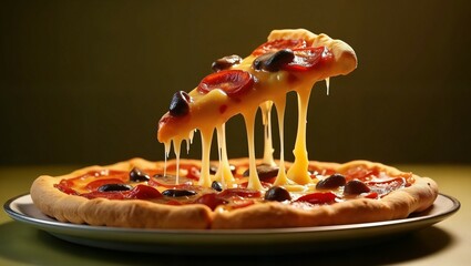 Pizza with melted cheese on a plate advertise photography