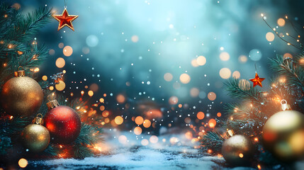 A Christmas tree with many ornaments and lights. The tree is surrounded by a blue background