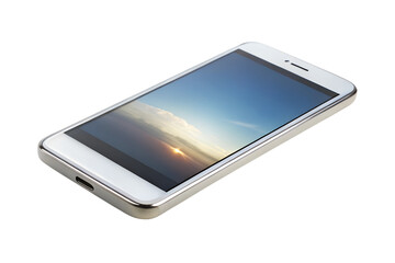 White smartphone with sunset wallpaper isolated on transparent background