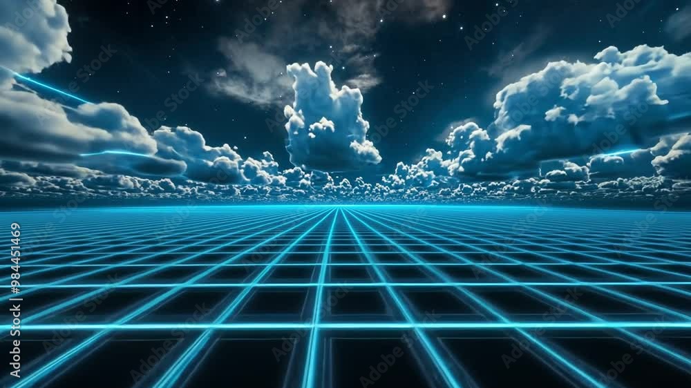 Poster futuristic landscape with grid and clouds at night in a digital realm generative ai