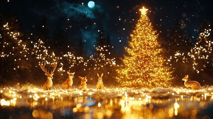 Naklejka premium A mystical forest scene where woodland animals like deer, foxes, and rabbits gather around a beautifully decorated tree in the clearing, twinkling fairy lights strung from the trees