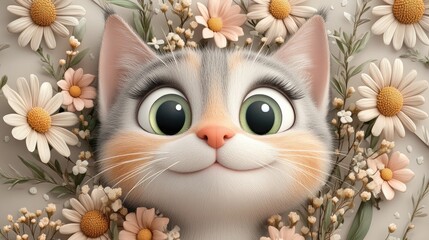 A cheerful cartoon kitty cat with a big smile surrounded by colorful flowers and vibrant leaves in a playful garden setting. A sweet image for kids' projects, books, and greeting cards.