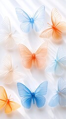 Colorful Paper Butterflies Arranged On White Background Illuminated By Soft Light