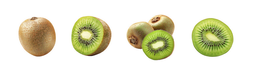 Whole and sliced kiwi fruit display on transparent background