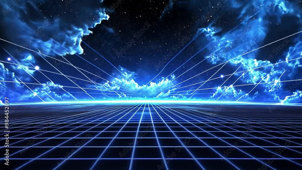 Poster vibrant digital landscape with glowing grids and celestial clouds generative ai