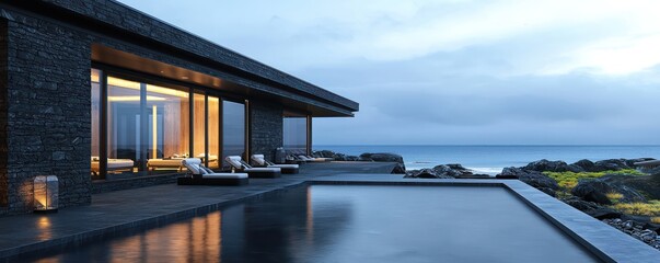 Obraz premium A luxurious dark slate grey exterior spa resort, offering advanced wellness therapies and a tranquil environment, set in a scenic coastal region