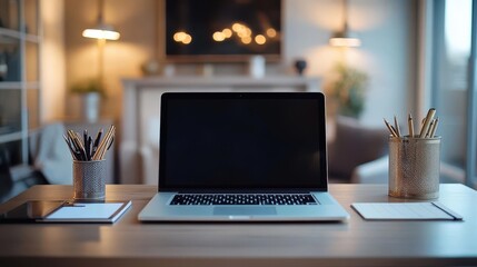 Capture a frontal view of a sleek, modern financial planners desk, with a crisp laptop and elegant stationery in a clean, minimalist style