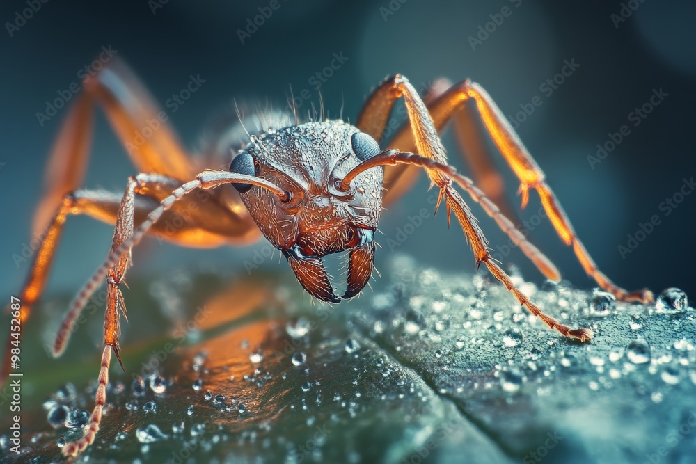 Poster an extreme close-up image of an ant standing on a leaf covered with dew drops, displaying the ant's 