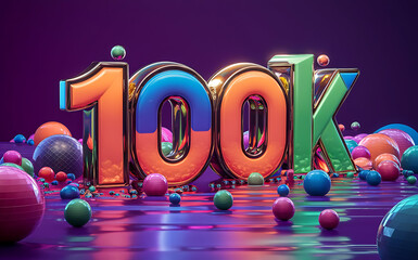 100k subscribe, followers card with vibrant 3D background. social banner happy celebration , blog. likes celebration. Social media poster