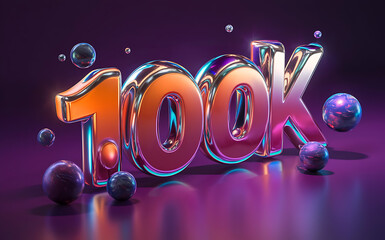 100k subscribe, followers card with vibrant 3D background. social banner happy celebration , blog. likes celebration. Social media poster