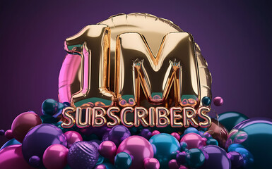 1M subscribe,followers card with vibrant 3D background. social banner happy celebration , blog. likes celebration. Social media poster