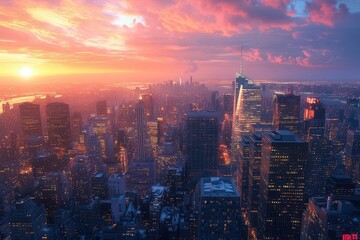 Obraz premium Capture a picturesque panoramic view of a bustling cityscape at sunset, showcasing skyscrapers and lights Immersive, digital artwork