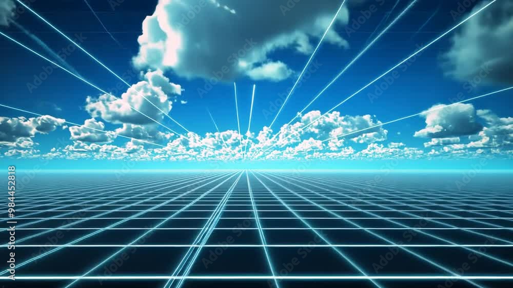 Poster futuristic grid landscape with rays of light and clouds at twilight generative ai