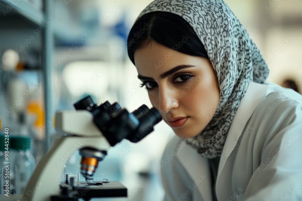 Poster in a cutting-edge lab, a female scientist with a headscarf focuses keenly on observing minute sample