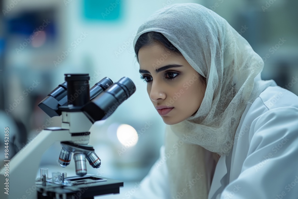 Poster a female scientist is intently examining samples through a microscope in a modern laboratory, showca