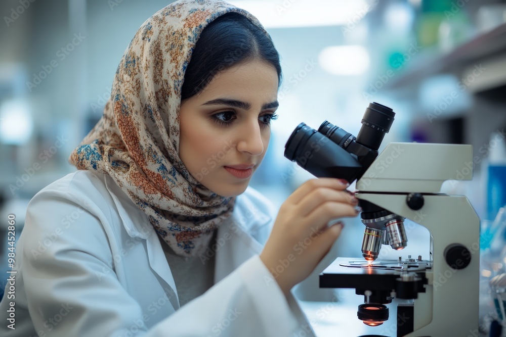 Poster A dedicated female scientist adjusts a microscope while working in an advanced laboratory, highlighting the processes and technologies involved in modern scientific research.