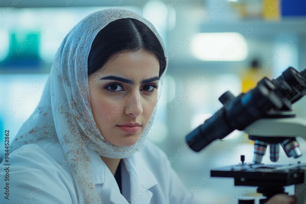 Poster a female scientist carefully examines samples through a microscope in a lab setting, demonstrating i