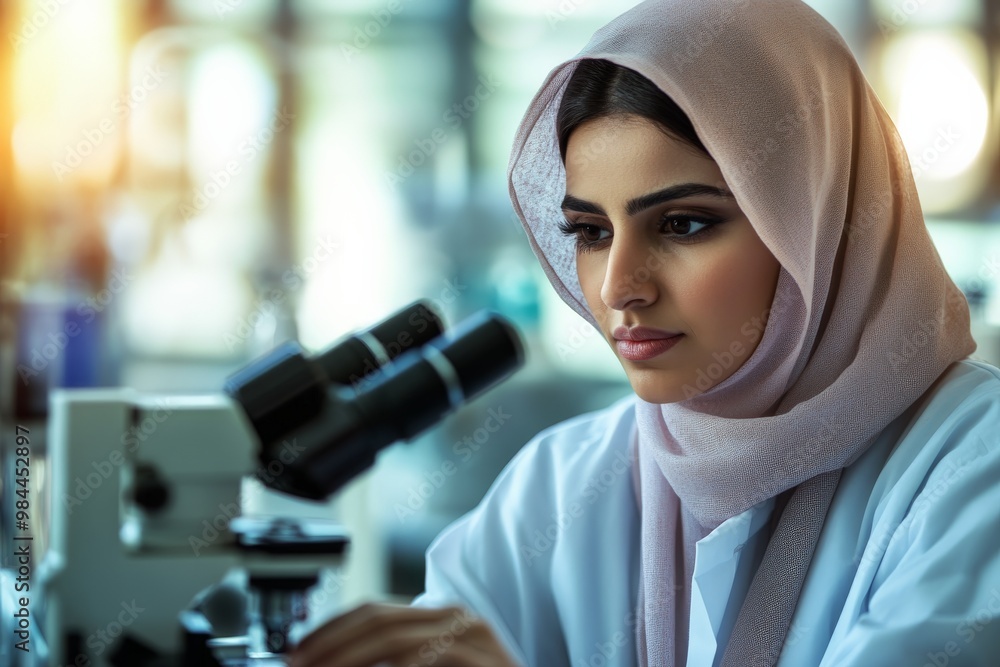 Poster a focused female scientist uses a microscope for research in a sunlit modern laboratory, illustratin