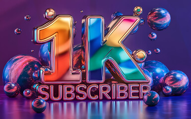 1k subscribe, 1000 followers card with vibrant 3D background. social banner happy celebration , blog. likes celebration. Social media poster