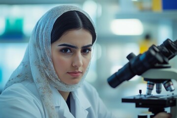 A female scientist carefully examines samples through a microscope in a lab setting, demonstrating intricate scientific research and precise attention to detail.