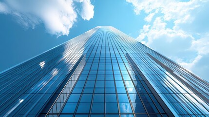 Capture a sleek skyscraper towering from a low-angle view in a digital rendering suitable for a business consulting firm