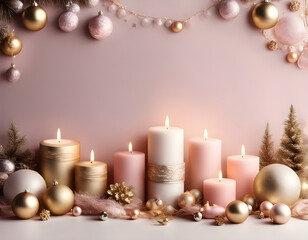 Pastel Pink & Gold Christmas Background with Seasonal Decorations & Candles background