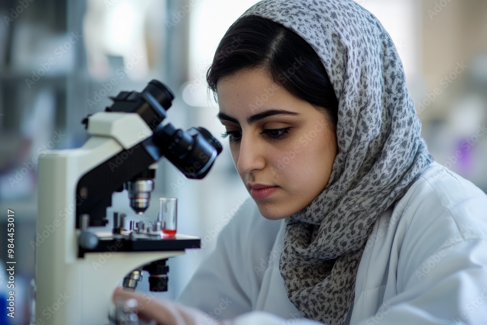 Poster A female scientist intensely examines samples through a microscope in a sterile laboratory environment, emphasizing precision and attentiveness in scientific research processes.