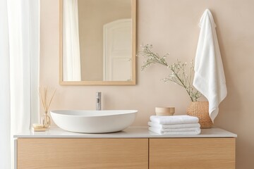 Fototapeta premium A modern bathroom featuring a floating vanity with wooden elements, a vessel sink, large wall mirror, rolled towels, reed diffuser, and a vase with delicate flowers for decor.