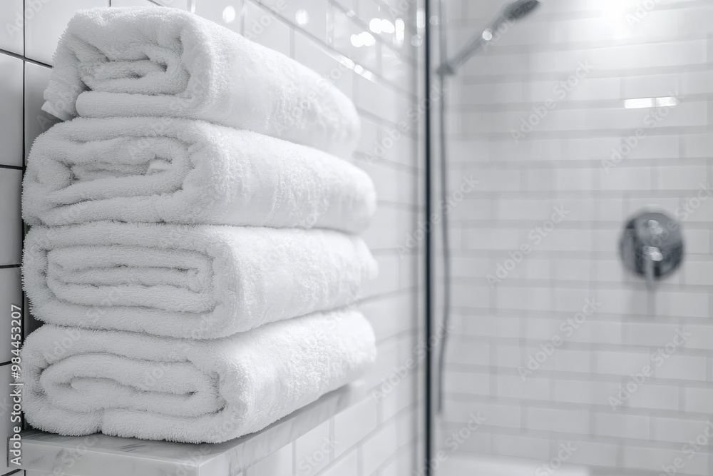 Poster this image shows clean and neatly stacked white towels in a tiled shower area, highlighting a modern
