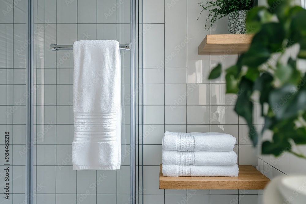 Poster image shows a bathroom shelf with neatly folded white towels and a decorative plant, enhancing the c