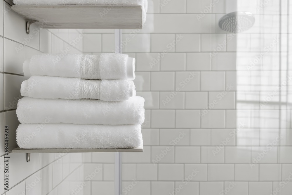 Poster a collection of crisp white towels neatly stacked on a wooden shelf within a minimalist bathroom fea