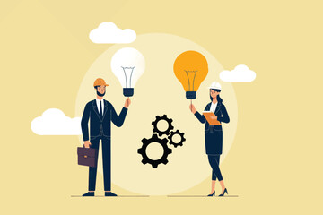 Illustration of two entrepreneurs and their colleagues sharing ideas in completing a work project