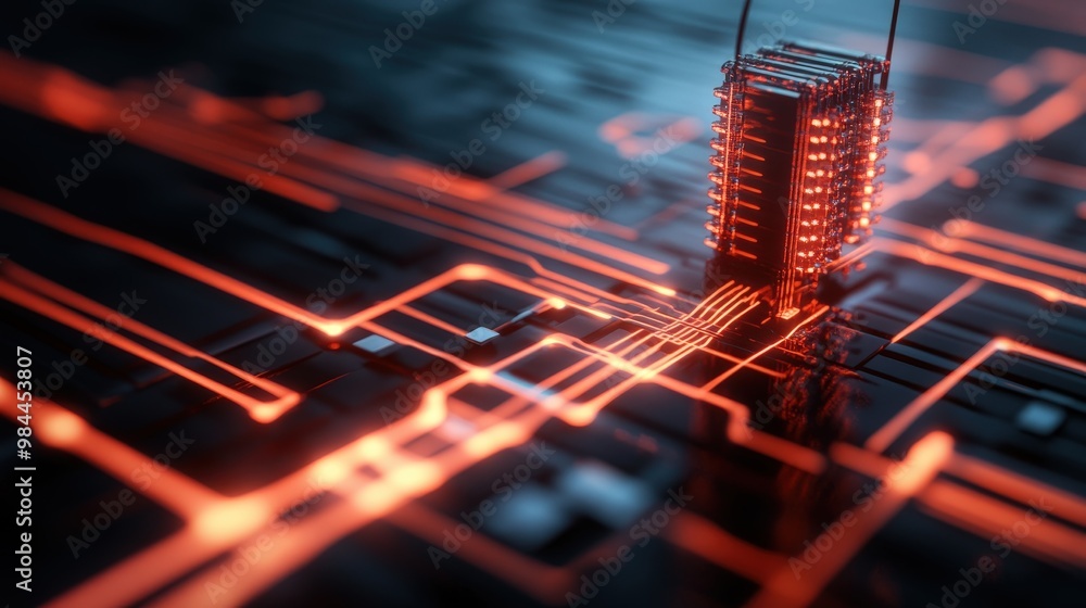 Poster futuristic layout of a smart grid with glowing circuitry and innovative technology elements