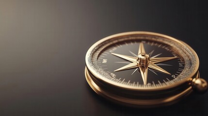 Craft a visually captivating 3D rendering of a golden compass placed at a unique tilted angle