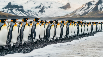 Obraz premium A group of emperor penguins standing in line on the beach with snow-covered mountains behind them