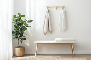 A bright and airy entryway featuring a minimalist bench, a vibrant green potted plant, and items hanging on a wooden rack against a pristine white wall, offering a fresh atmosphere.