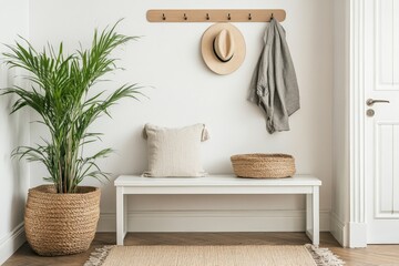 A cozy entryway featuring a bench with soft cushion, a green potted plant in a woven basket, a hat, and a coat hanging on a wooden rack on the white wall, creating a homely feel.
