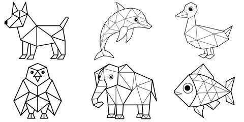 Animals in geometric shapes: Dog, Dolphin, Duck, Eagle, Elephant, Fish