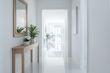 Fototapeta premium A contemporary hallway illuminated by natural light, featuring a wooden table adorned with potted plants, a light wooden mirror, and glossy flooring leading to a bright space beyond.