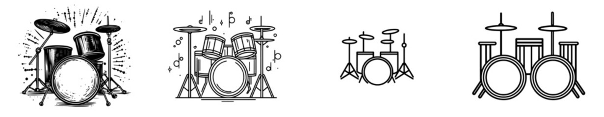 Drum set with black and white drum heads drawn as a cartoon