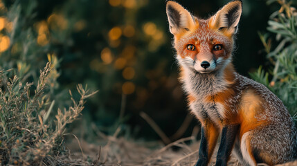 Fototapeta premium A red fox with orange fur is sitting in the forest