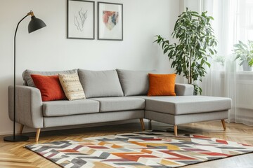A contemporary living room with a grey sectional sofa, accented with colorful pillows, set against a white wall, along with an abstract rug, floor lamp, and framed wall art.
