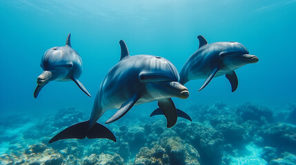 Fototapeta premium Three dolphins swimming in the ocean